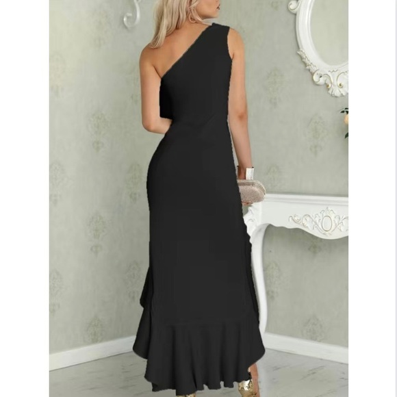 Elegant One Shoulder Longline Maxi Dress Thigh Slit Asymmetrical Ruffle Black - Picture 4 of 7